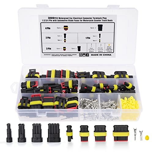 HSEAMALL 300PCS Car Waterproof Electrical Wire Connector Terminal Plug, 1/2/3/4 Pin Male Female Connector