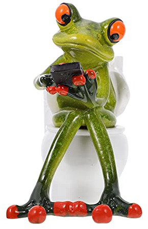 VOSAREA Frog Ornament Statues Decor Funny Desgin Adorable Sitting on Toilet and Texting Fairy Garden for Indoor Outdoor Home Desk Bathroom Decoration