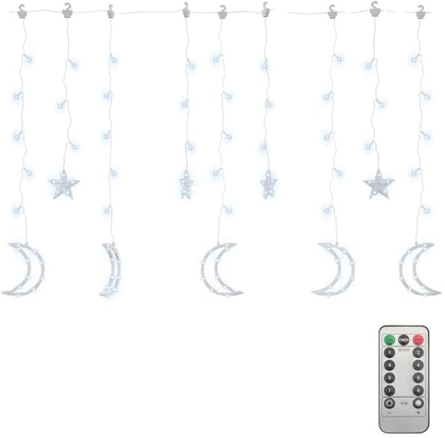 vidaXL Luces Estrella y Luna, Adorno Luminoso con Control Remoto 138 Leds, Luces para Navidad Fiestas, Cortina de Luz Decorativa, Blanco Frío