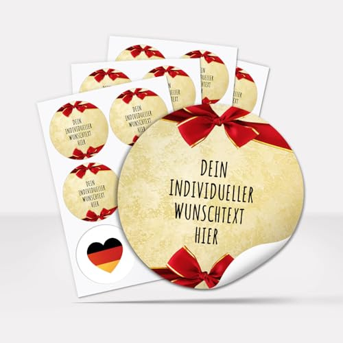 24 Weihnachtsaufkleber PERSONALISIERT mit Wunschtext, rund 4 cm | Aufkleber für Geschenke und Produkte Weihnachten mit Text oder Namen, selbstklebende Etiketten geschäftlich und privat - rote Schleife