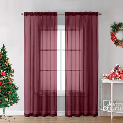 OVZME 2 tende in voile trasparente da 213 cm, lunghe, leggere, morbide, per camera principale/soggiorno, 2 pannelli = 213,4 cm di larghezza, ciascuna larghezza 106 x lunghezza 213,4 cm, bordeaux