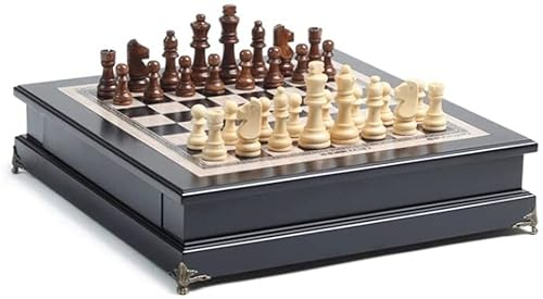 YMXWFC Schach 15 Zoll Schachspiel aus Holz Dame, Aufbewahrungsschublade 7,6 cm Schachfiguren in Königshöhe Klassische 2-in-1-Brettspiele Schachbrett für Anfänger