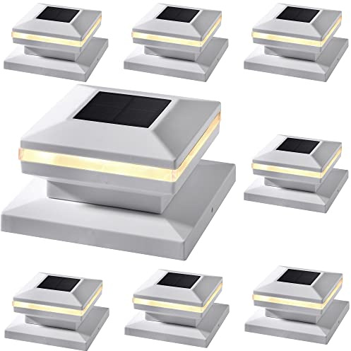 Dynaming 8 Pack Solar Post Lights, Outdoor Decorative Posts Cap Light, Solar Powered White Shell Caps, High Brightness Warm White SMD LED Lighting for Fence Deck Patio, Fit 4x4, 5x5 or 6x6 Wooden Post