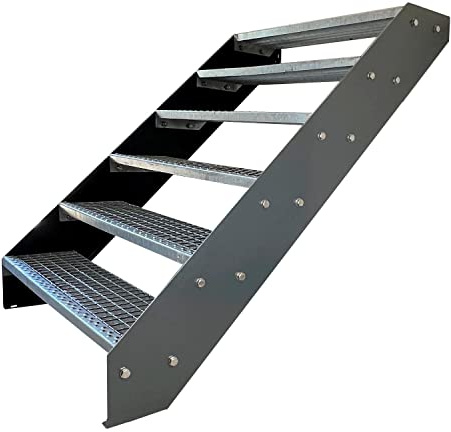 Kaminbau Mierzwa Premium Stahl Treppe Verzinkt & Anthrazit Pulverbeschichtet 6 Stufen (Breite 80 cm) (Höhe 114 cm) Wetterfest Gitterroststufe Gartentreppe