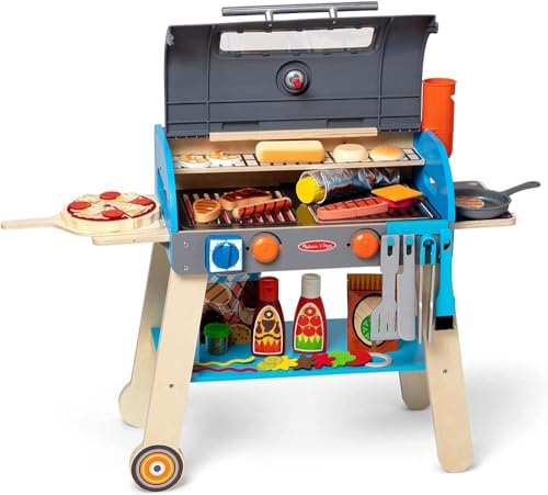 Melissa & Doug Wooden Deluxe Barbecue Grill, Smoker and Pizza Oven Play Food Toy for Pretend Play Cooking for Kids