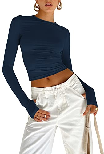 KUKEYIEE Top da Donna Basic a Maniche Lunghe Slim Fit Crop T Shirt Top Y2K Top TikTok Crop Top Club Party E-Girls Streetwear(Dark Blue-b, L)