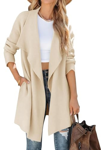 ZESICA Women's Casual Lapel Cardigan Long Sleeve Open Front Irregular Hem Soft Knitted Sweater Coat with Pockets,Beige,Medium