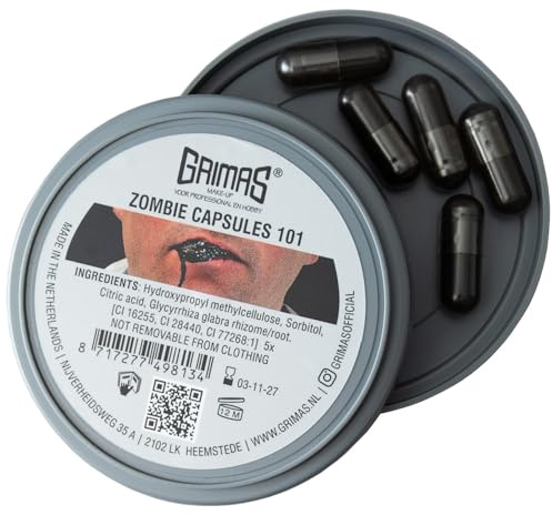 GRIMAS Zombiekapseln, Farbe 101 schwarz, 5 Stück, Mund-Effekt-Farbe auf pflanzlicher Basis, Halloween-Kapseln, vegan