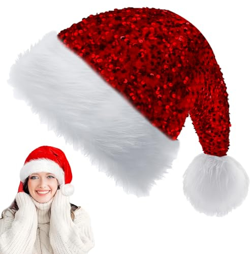 YAAVAAW Pailletten Weihnachtsmütze für Erwachsene Kinder,35 * 45cm Nikolausmütze Plüsche Weihnachtsmann Mütze,Warm Dicker Nikolaus Mütze Santa Clause Mütze für Männer Frauen Familie Weihnachtsfeier