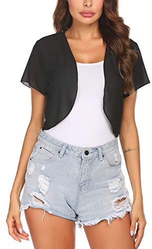 Zeagoo Dambolero chiffong kort ärm elegant kort passform kort lätt transparent sommar bolero, Svart, L