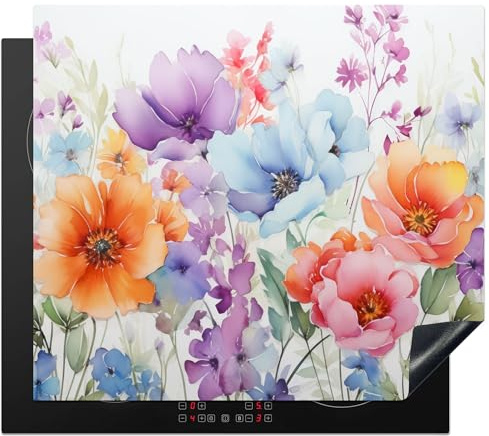 KitchenYeah© Herdabdeckplatte Einteilig Küche Herdabdeckung Induktionsfeld | 60x52 cm - Ceranfeld Herdabdeckplatten Vinyl Matte Aufrollbar Aquarell - Blumen - Frühling - Natur