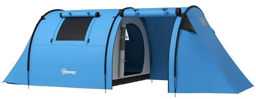 Outsunny 3-4 Man Camping Tent Tunnel Tent 3000mm Waterproof Sky Blue