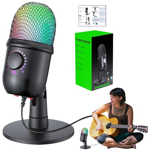 Micrófono condensador USB | Micrófono de juego de iluminación RGB | Micrófono USB para computadora, micrófono condensador de podcast de escritorio con botón de silencio para grabación de transmisión