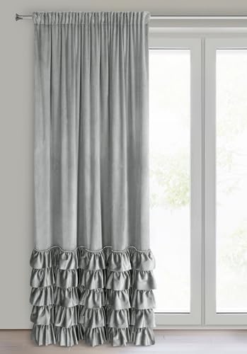 Eurofirany Carli Samtvorhang mit Rüsche, Velvet Vorhang mit Kräuselband -1 STK. Vorhang Blickdicht, Verdunkelung, Exklusiver Vorhang für Wohnzimmer, Schlafzimmer, 140x250 cm, Grau