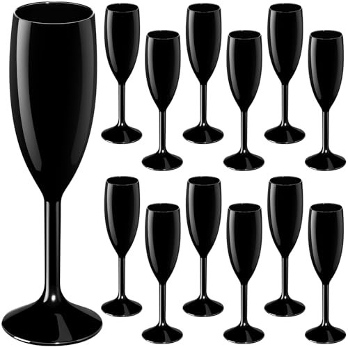 Maxcheck 12 flute da champagne in acrilico per tostatura, calici da champagne, bicchieri da vino in plastica per matrimoni, addio al nubilato, anniversari, feste di compleanno (nero)