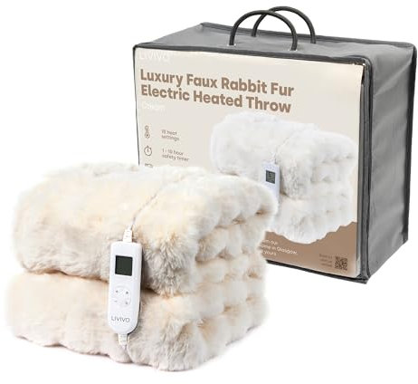 LIVIVO Faux Rabbit Fur Electric Heated Throws for Adults, 160x130cm – Plush Soft Electric Throw Blanket with 10 Heat Levels, Auto Shut-Off, Overheat Safety & Machine Washable Design - Cream