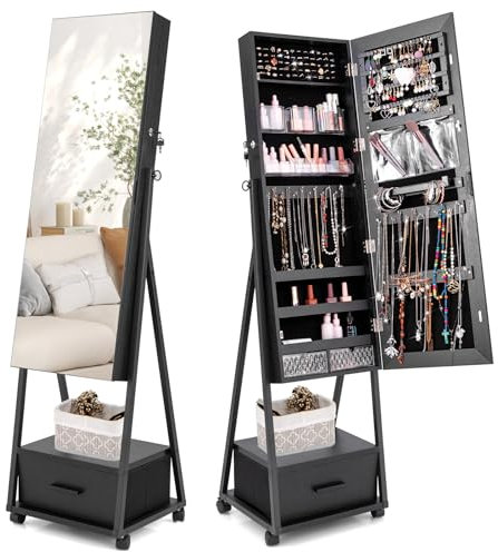 HOMFME Armoire a Bijoux 2 en 1 avec Miroir Pleine Longueur, Rangement Bijoux sur Pieds avec 4 Roues Verrouillables et Grand Espace de Rangement, 42 x 38 x 157 CM, Idéal pour Vestiaire, Chambre (Noir)