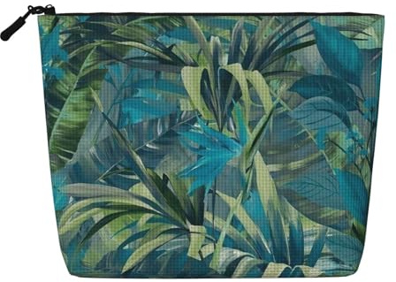 ZALAAUO Fake Hemp Makeup Bag Polyester Toiletry bag Travel Make up Organizer Bag Aesthetic Cosmetic Bags Water-resistant Zipper Pouch for Women and Girls with Blue and Green Palm Leaves