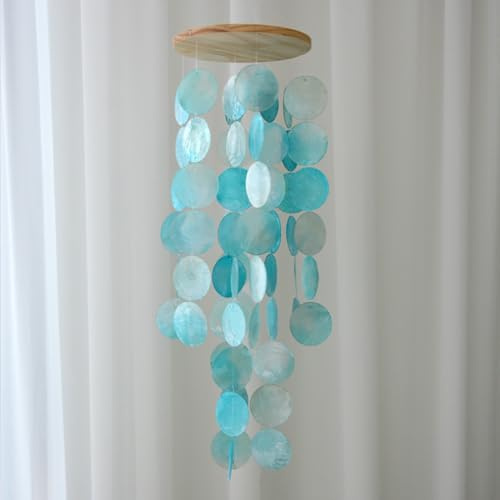 Windspiel für den Außenbereich, Capiz Türkis, Küstenstil, Traumfänger, Gartendekoration, ideal für Frauen (blau)