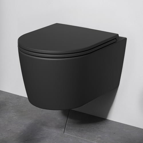 AM.PM Func - Spülrandlos Hänge WC Schwarz Matt, Tiefspül Toilette FlashClean, Wand WC mit Toilettendeckel mit Absenkautomatik, Schwarze Toilette aus Keramik, 49 cm lang