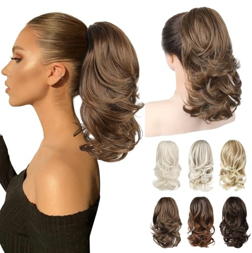 REECHO Ponytail Extension, 36 cm Pferdeschwanz Haarteil Lockige Pony Tail Extension mit Haarklammer – Natürlich mattes Finish, Fake Ponytail Pferdeschwanzverlängerung für Frauen - Hellbraun