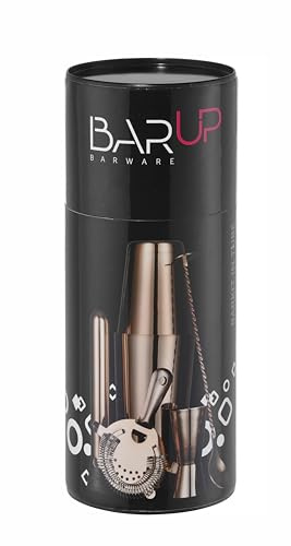 HENDI Cocktail Set, BarUp, 5-teilig: Boston Cocktail Shaker 500/800ml, Hawthorne Cocktailsieb, Stößel, Barlöffel, Messbecher 25/50ml, in runder Geschenkverpackung, ø120x(H) 320mm, Edelstahl, Kupfer