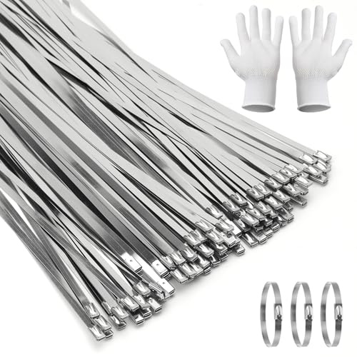 ZMDMAH 100 Piezas Bridas de Acero Inoxidable, 300 mm x 4,6 mm Bridas Metalicas Resistencia Tracción 90 kg Multiusos Bloqueo Automático, Bridas Inoxidable Para Fijación Tuberías Reparación Cercas