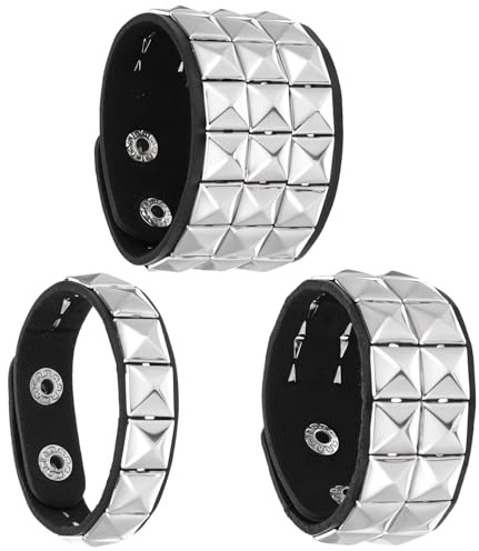 Wanmu 3 Pcs Punk Rock Leather Studded Bracelets for Men Women, Gothic Spike Cuff Bracelet Set for 80s 90s Emo Goth Jewelry Costume Accessories for Rocker Outfits