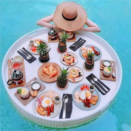 Plateau De Service Rond Tissé En Rotin, Plateau De Petit-Déjeuner Flottant En Rotin Avec Poignées, Flotteurs De Piscine, Plateau Flottant Pour Servir Des Boissons À La Piscine, Brunch(White,60cm)