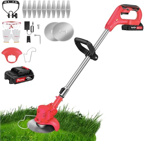 Akku Rasentrimmer mit Akku Freischneider,21V Akku Elektrischer Rasentrimmer Akku Motorsense Rasen mit Metall Schneidklingen, Teleskop-stiel Elektro Trimmer Gartenkantenfräser für Rasenschneiden Garden