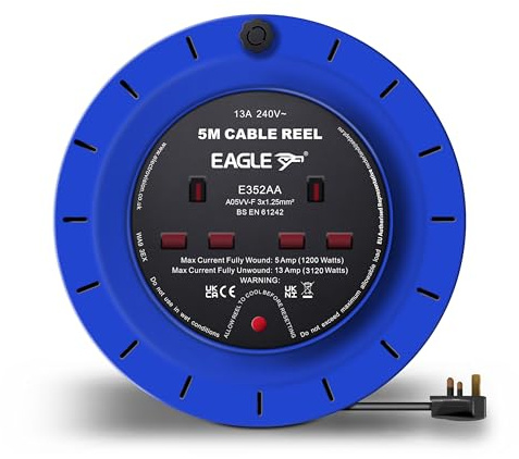 Eagle 2 x UK Socket Extension Reel with Cassette Type Holder, Restable Thermal Safety Cut Out Protection, Winding Handle, UK Plug. Extending Extension Lead 13 Amp 5m