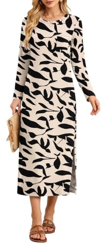 AUSELILY Robe midi décontractée Manches Longues Fente Automne pour Femme | Design à Col Rond et Coupe Décontractée,Fente Latérale,Tissu Doux et Extensible,Idéal Pour Les Tenues d'automne et D'hiver
