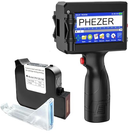 Phezer Impresora de inyección de tinta portátil de 25,4 mm para código de barras QRCode, fecha de producción, hora, logotipo, número de lote, impresión en bolsa de vidrio, tela de cartón, cable de