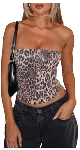 RoseSeek Women's Leopard Cheetah Sequin Strapless Bandeau Crop Tube Top Glitter Sleeveless Summer Going Out Tops Brown Medium
