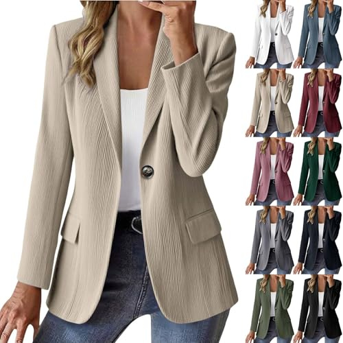 HUIFUAO Cord-Blazer für Damen, Übergröße, leichte Anzugjacke, langärmelig, Herbst und Winter, warme Mäntel, elegante Büro-, Business-Oberbekleidung, khaki, M