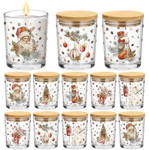 Ziliny 12 Stück 200 ml Weihnachtskerzenglas mit Holzdeckel, Weihnachten, Retro, dicke, leere Gläser für die Herstellung von Kerzen, kleine Feiertagsbehälter, Großpackung für Geschenke, DIY