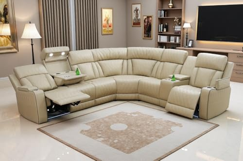 A Ainehome Power Sectional Recliner Sofa Set, Leather Reclining Sectional, Living Room Furniture Sets, Leather Corner Sofa with Cup Holders/Coffee Table/Charging for Home Theater/Office, Khaki
