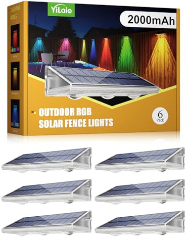 YiLaie Solar Fence Lights Outdoor, IP67 Waterproof, Color Changing, 6 Pack | 2000mAh Battery, 7 Colors & 8 Modes, Solar Powered, Dusk to Dawn Auto On/Off, for Garden Backyard Fence Wall Décor
