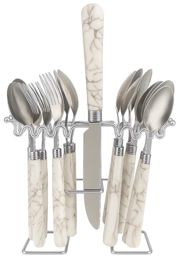 RANRHA 24-Piece Stainless Steel Cutlery Set with Stand – Premium Marble-Pattern Handles, Includes 6 Knives, 6 Forks, 6 Tablespoons & 6 Teaspoons – Dishwasher Safe Flatware Set for Home & Kitchen