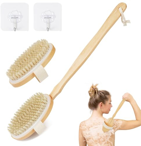 AOOSU Bath Brush with Long Handle, Back Brush Removable Long Handle, Natural Bristles, Exfoliating Brushs for Removing Dead Skin, Back Scrubber for Dry Wet Showering for Body Cleaning, 2pcs Ellipse