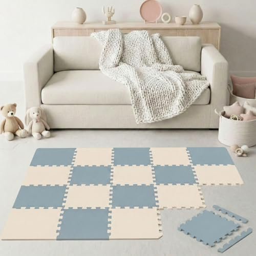 LittleTom 18 bitar babymatta med kanter från den första månaden - 30 x 30 cm vadderad EVA-skummatta - halkfri pusselyta för småbarn - skyddande golv barnrum