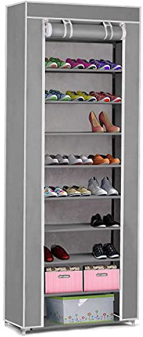 Massido Kleiderschrank, Faltschrank, Stoffschrank, Faltbare, Garderobe, Canvas mit Reißverschluss, Stoffschrank Kleiderschrank mit Kleiderstange, Fächern, 28x58x175 cm, Hellgrau