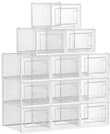 SONGMICS Schuhboxen, 12er Set, Schuh-Organizer aus Kunststoff, faltbar und stapelbar, für Schuhe bis Größe 46, transparent-weiß LSP12MWT