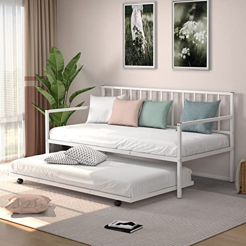 Giantex Twin Daybed with Trundle, Metal Twin Size Daybed with Pullout Trundle w/ 4 Casters, Metal Slat Support Sofa Bed for Kids Teens Adults Living Room, Guest Room, No Box Spring Needed, White