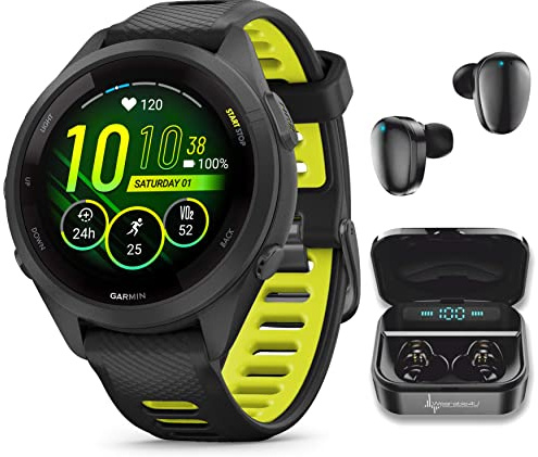 Wearable4U Garmin Forerunner 265S Music GPS Running 42 mm Smartwatch, Black with AMOLED 1.1in Touchscreen Display Black Earbuds Bundle
