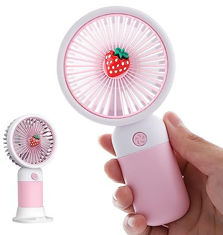 JYPS Cute Handheld Fan Portable, Mini USB Hand Fan for Cooling, Small Electric Rechargeable Fan for Kids Childrens, Battery Operated Pocket Fan with Strong Power for Camping, Travel (Strawberry Red)