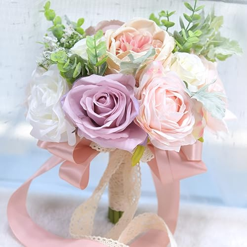 LESING Brautstrauß Künstliche Rosen-Pfingstrosen Blumenstrauß Handgefertigter romantischer Hochzeitsstrauß für Braut und Brautjungfer, 25 cm (Bouquet-Pfingstrose Rose Lila)