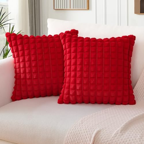 Soleebee 2er Set Plüsch Samt Kissenbezüge, Weiche Künstliche Pelz Plaid Textur Kissenbezug Sofa Zierkissenbezüge Dekokissen Kissenhülle Set für Couch Schlafzimmer Zuhause Dekor (60x60cm, Rot)