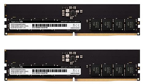 TEAMGROUP Elite Lot de 2 barrettes de mémoire RAM DDR5 32 Go (2 x 16 Go) 6400 MHz PC5-51200 CL52 Non-ECC sans tampon UDIMM 288 broches pour ordinateur de bureau Compatible Intel et AMD