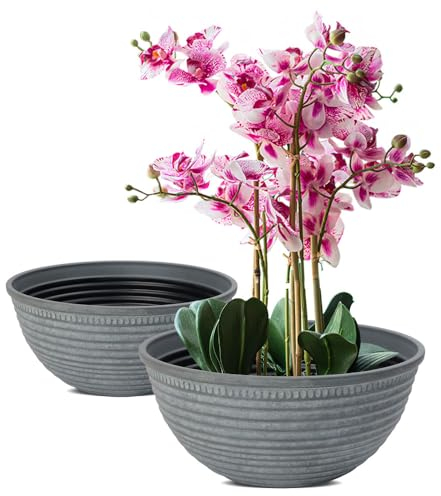 RICH ATLAS 2 Stück 25,4 cm Blumentöpfe, langlebige dekorative Blumentöpfe mit Drainageloch für Innen- und Außenpflanzen, Blumen, Sukkulenten, grau